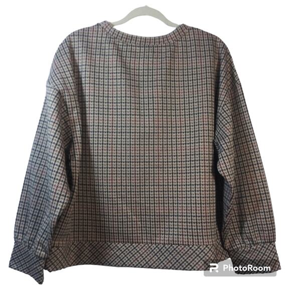 One By Chapter One Retro Brown Plaid Houndstooth Balloon Sleeve Top Size XL - Picture 2 of 6